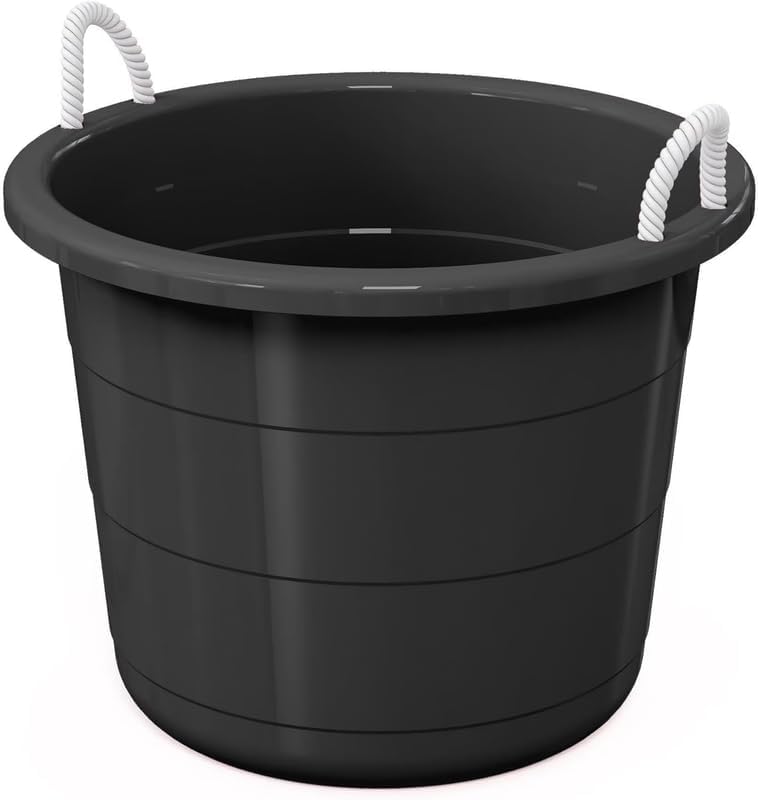17-Gallon High-Grade Plastic Storage Tub Equipped with Rope Ergonomic Handles, Multi-Purpose Utility Bucket (Black)