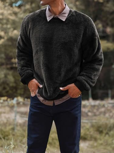 Mens Fuzzy Sherpa Sweatshirt Long Sleeve Fluffy Crew Neck Pullover Cozy Basic Unisex Fall Winter Warm Tops