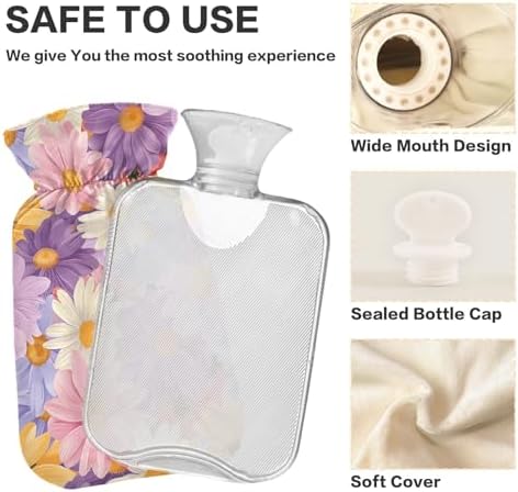 Pink Purple White Yellow Daisies Hot Water Bottle with Cute Cover 2L Winter Hot Water Bag Portable Hot Water Bottles for Neck, Shoulders and Legs Pain Relief, Menstrual Cramps