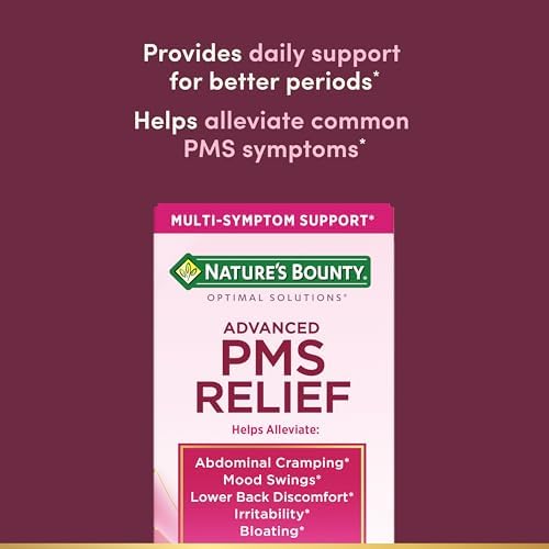 Nature’s Bounty Optimal Solutions Advanced PMS Relief for Menstrual Cycle Support, PMS Support Supplement for Women, Bloating Relief – Chasteberry, Hormone-Free, 60 Vegetarian Capsules