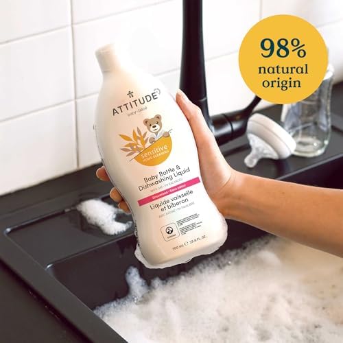 ATTITUDE Baby Bottle & Dish Soap with Oat Extract, EWG Verified Bottle Cleaner For Sensitive Skin, Fragrance Free & Dye Free, Removes Milk Residue & Grease, Vegan, Unscented, 23.7 Fl Oz