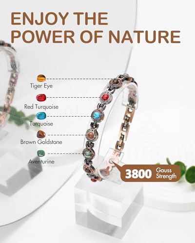 Feraco Pure Copper Bracelets for Women, Ultra Strength Magnetic Bracelet with 3800 Gauss Magnets & Natural Turquoise & Stones, Adjustable, Jewelry Gift