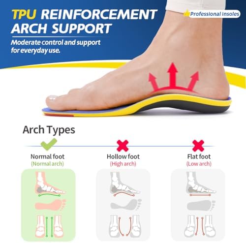 Professional Sport Insoles with Medium Arch Support and Shock Absorption for Plantar Fasciitis and Flat Feet Pain Relief in Men and Women, Orthotics Shoe Insert, Breathable & Anti-Slip, Blue, M