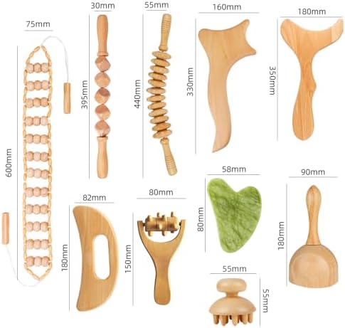 10-in-1 Wood Therapy Massage Tools – Lymphatic Drainage Tools with Gua Sha Stone for Muscle Pain Relief – Maderoterapia Kit Professional for Body Sculpting