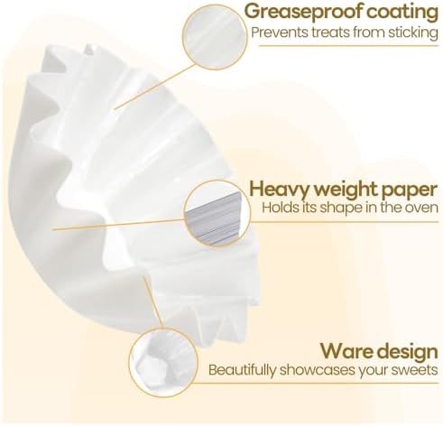 200 Pcs Wave Cupcake Liner, Flared Baking Cups, Paper Muffin Holder, Greaseproof Coated Wrappers for Tea Party Wedding Birthday Baby Shower Cake Candy Supplies (White+Brown)