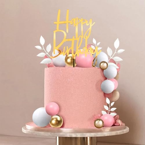 Pink Balls Cake Topper Boho Grass Cake Topper Pink White Gold Pearl Balls Happy Birthday Cake Decorations for Wedding Birthday Boho Themed Supplies (Pink)