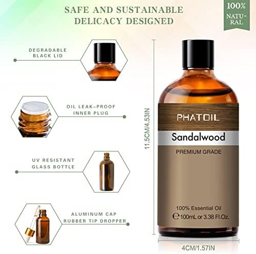 PHATOIL 100ML Sandalwood Essential Oil, Pure Aromatherapy Essential Oils for Diffuser, Humidifier, Scented Oils for Soap, Candle Making, Huge 3.38fl.oz Bottle