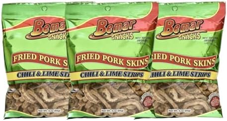 Bemar Snacks Fried Pork Skins Chili Lime 3 bags/3oz per bag