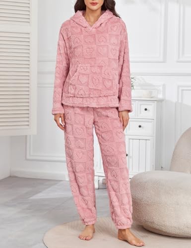 Women's Fleece Pajama Set Hooded Long Sleeve Pjs Ultra-Warm Cozy Winter Sleepwear