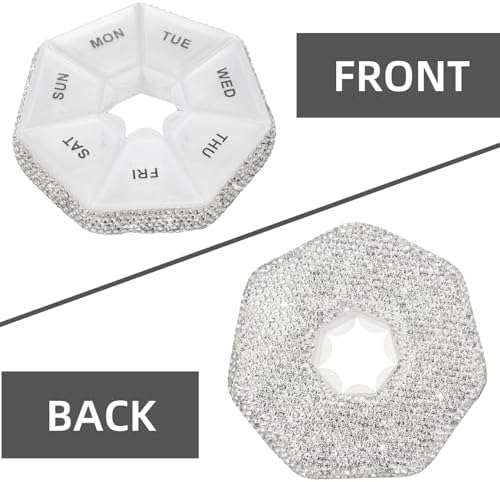 Round Pill Organizer Small Weekly Pill Case for Purse Bling Cute Medicine Pill Box Compact Vitamin Container 7 Day Daily Pill Holder Planner(White)