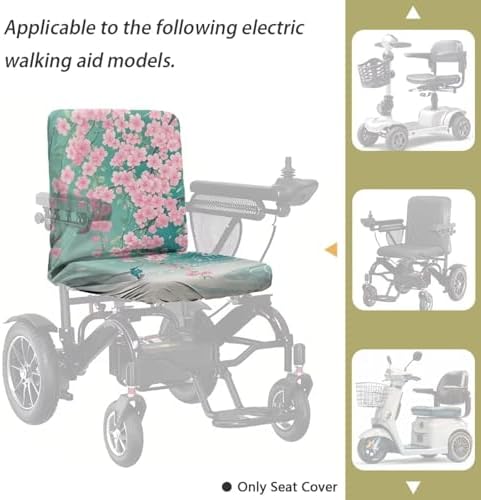 Mobility Scooter Seat Cover, Universal Fit Polyester Power Wheelchairs Seat Protector with Adjustable Buckle, Teal Cherry Blossoms Hummingbird Print, 35 x 18 Inch