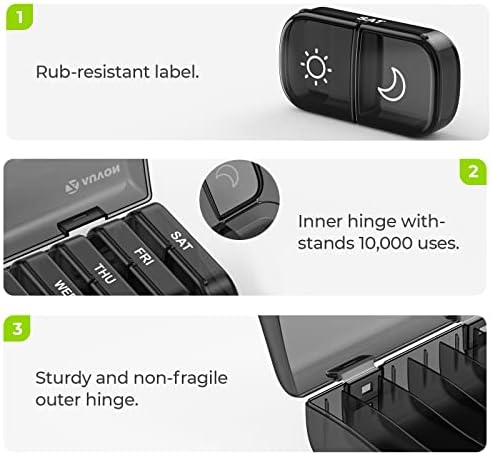 AUVON XL Weekly Pill Organizer 2 Times a Day, Pill Box 7 Day with One-Side Large Openings for Easy to Use, Black Privacy Protection AM PM Pill Case for Medication, Vitamins, Fish Oils, Supplements
