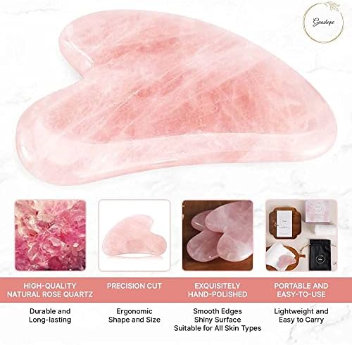 Natrual Rose Quartz Gua Sha Facial Tools | Guasha Tool for Face Sculpting, Shaping, Reduce Puffiness, Tension Relief | Massage Stone for Eyes, Face and Body