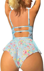 Lilosy Sexy Bows Floral Lace Mesh Babydoll Lingerie Romper