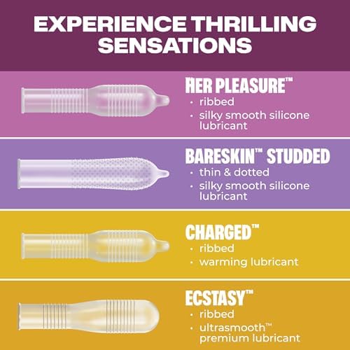 Trojan Pleasure Pack, Assorted Latex Lubricated Condoms for Men, Her Pleasure, Bareskin Studded, Ecstasy & Charged Varieties, Condom Variety Pack 36 Count