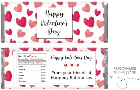 Personalized Red Watercolor Hearts Valentine's Day Candy Bar Wrappers - Set of 36