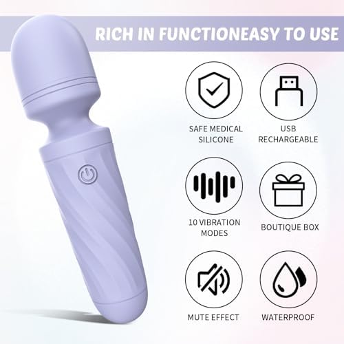 Handheld Personal Mini Massager Tool– Waterproof, USB Rechargeable, 10 Vibration - Perfect on Back Legs Hand Pains and Sports Recovery(Gray Purple)