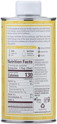 La Tourangelle, Organic High Oleic Sunflower Oil, Neutral Oil For Medium to High Heat Cooking and Skin Care, Non GMO, Pesticide and Chemical Free, 16.9 Fl Oz
