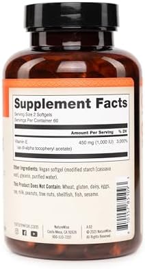 NatureWise Vitamin E 1000 IU Softgels (450mg dL-Alpha) - Vegan, Gluten-Free, Soy-Free, Non-GMO Antioxidant Dietary Supplement for Skin, Heart, Eye, and Immune Health Support - 60-Day Supply, 120 Count