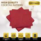 Cocktail Napkins - 600 Count 2-Ply Red Napkins Disposable, 4.75 x 4.75 Inch Folded Paper Napkins Bulk Beverage Napkins for Dinner Wedding Bar Party and Everyday Use