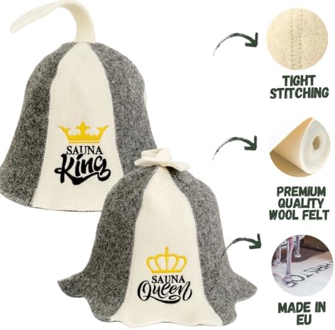 Sauna Hat 'Sauna King and Queen' White - 100% Organic Wool Felt Hats for Russian Banya - Protect Your Head from Heat - English Sauna eBook Guide Included - with Embroidery