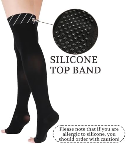 Lin Performance 15-20 mmHg Medical Compression Stockings for Women & Men, Thigh High Dot-Top Open Toe, Leg Support for Daily & Travel Comfort (Black,3XL)