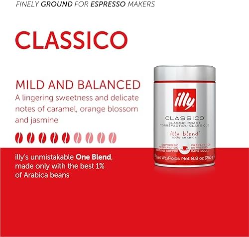 illy Ground Coffee Espresso - 100% Arabica Coffee Ground – Classico Medium Roast - Notes of Caramel, Orange Blossom & Jasmine - Rich Aromatic Profile - Precise Roast - No Preservatives – 4.4 Ounce