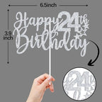 Sliver Glitter Happy 24th Birthday Cake Topper, Cheers to 24 Years/Hello 24/Twenty Four, Funny 24th Birthday Party Decorations for Women Men