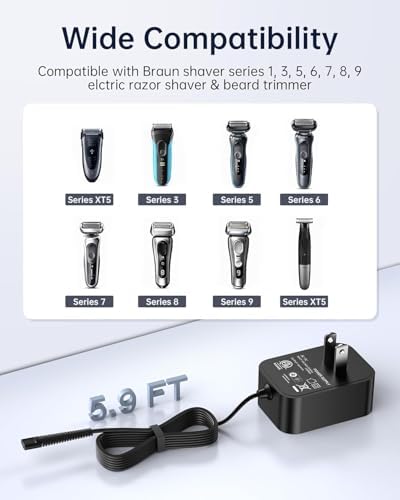 WUKUR 12V Charger Compatible with Braun Shaver Series 3/7/5/1/9, Charging Cord for Braun Electric Razor Shaver Trimmer 3040s, 310s, 340S, 5190cc, 5040s, 740S, 7865, 9290cc, 9095cc Replacement Adapter