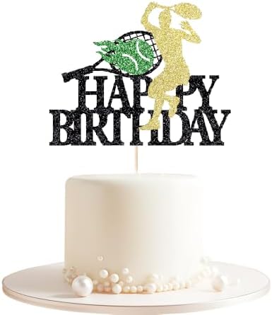 Tennis Happy Birthday Cake Topper Boys Men Tennis Player Cake Toppers Racket Ball Sport Theme Happy Birthday Party decoration black glitter