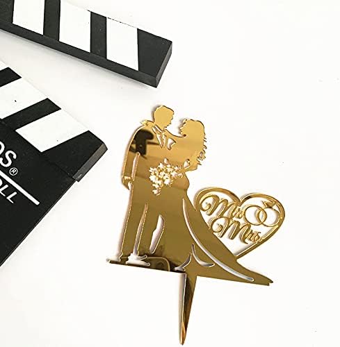 Wedding Cake Topper, Gold Acrylic Mr & Mrs Design, Romantic Bride and Groom Silhouette