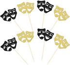 24 PCS Theatrical Mask Cupcake Toppers Glitter Comedy Movie Night Cupcake Picks for Film Festival Theme Birthday Party Cake Decorations Supplies Black Gold