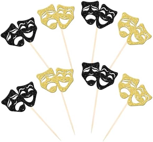 24 PCS Theatrical Mask Cupcake Toppers Glitter Comedy Movie Night Cupcake Picks for Film Festival Theme Birthday Party Cake Decorations Supplies Black Gold