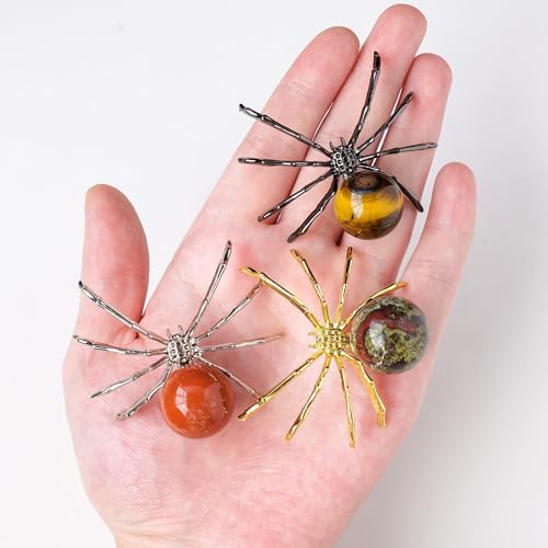 Runyangshi 1PCS Natural Crystal Obsidian Ball 2in Hand-Made Alloy Spider Animal Statue Ornament Healing Crystal for Halloween Decor Home Decor Gift