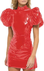 Club Party Wet Look Women PVC Leather Big Puff Short Sleeve Dresses Slim Dress Evening Dresses