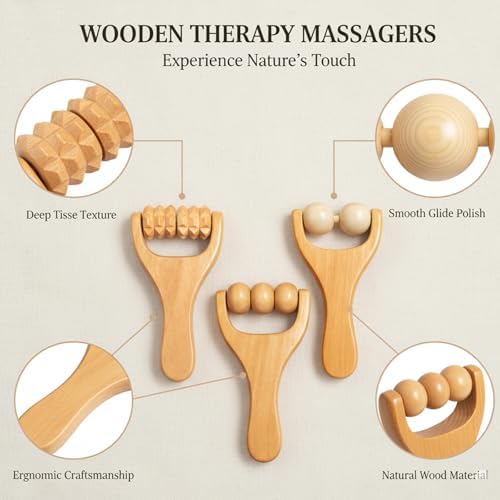 Wooden Massage Roller, Wooden Foot Massager Roller, Three Massage Tools Set for Muscle Relaxation, Handheld Wood Body Roller, Natural Wood Construction with Ergonomic Design