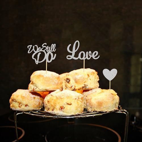 24Pcs We Still Do Cupcake Toppers Glitter Love Heart Marriage Anniversary Cupcake Picks Bridal Shower Wedding Engagement Birthday Cake Decorations Supplies - Silver Glitter
