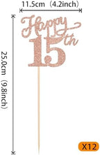 12 Pack Happy 15th Birthday Party Decorations, Glitter Happy 15th Birthday Centerpiece Sticks for Table, 15 Fabulous Table Toppers for 15th Birthday Anniversary Party Table Decorations Rose Gold