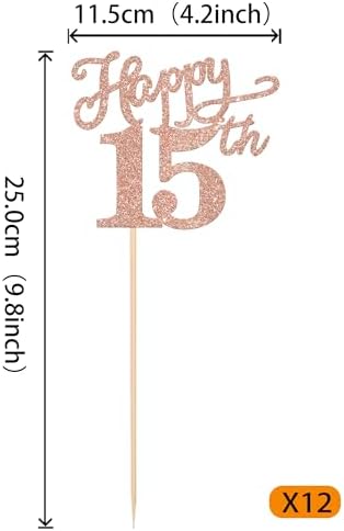 12 Pack Happy 15th Birthday Party Decorations, Glitter Happy 15th Birthday Centerpiece Sticks for Table, 15 Fabulous Table Toppers for 15th Birthday Anniversary Party Table Decorations Rose Gold