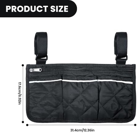 Wheelchair Side Bag, Armrest Pouch with Reflective Stripe, Detachable Rollator Bag Wheelchair Pouch Side Pocket Organizer Bags for Wheelchairs, Walkers or Rollators (Black)