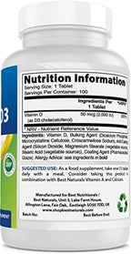 Best Naturals Vitamin D3 2000 IU (50 mcg) - 100 Tablets - 100 Days Supply - Helps Support Immune Health, Strong Bones and Teeth, & Muscle Function (100 Count (Pack of 1))