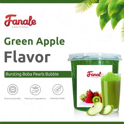 Fanale Green Apple Popping Boba Pearls, Vegan, Non GMO, Gluten Free, Fat Free, Perfect for Bubble Tea, Smoothies, Ice Cream, Desserts, and Beverages.
