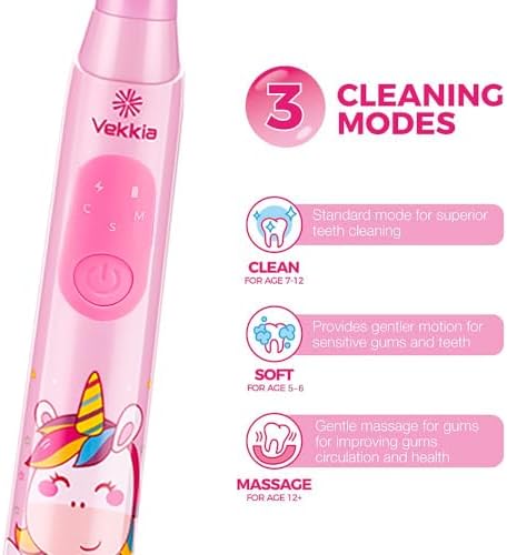 Vekkia Sonic Rechargeable Kids Electric Toothbrush, 3 Modes with Memory, Fun & Easy Cleaning, 24000 Strokes, IPX7 Waterproof, 2-Min Timer for Age 5+, 4 Soft Bristles(Pink)