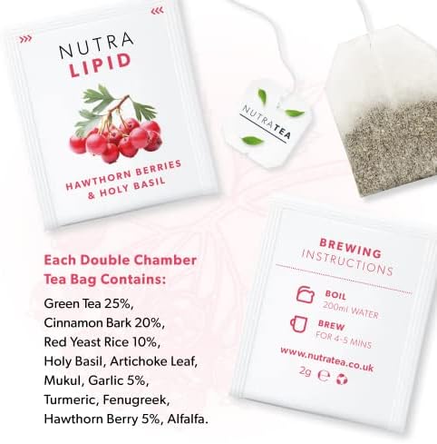 NUTRALIPID - Lipid Management Tea | Cholesterol Tea - Support Cholesterol Levels and Heart Health – Includes Red Yeast Rice, Hawthorn Berry & Garlic - 20 Enveloped Tea Bags - by Nutra Tea - Herbal Tea