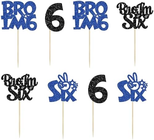 Ephlyn 24Pcs Bro I'm 6 Cupcake Toppers Glitter Boy 6th Birthday Cupcake Pick Decorations for Cheers to Six Years Old Big Brother 6th Birthday Party Supplies