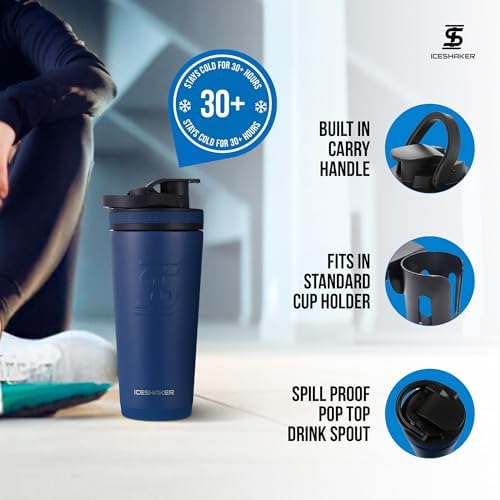 Ice Shaker Insulated Stainless Steel Shaker Bottle | 26oz, Navy | Cold for 30+ Hours | Insulated Cup with Twist-on Agitator | Odor-Free Bottle for Protein Shakes, Water, Smoothies, Cocktails