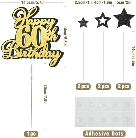 Happy 60th Birthday Cake Topper 60 Birthday Cake Decorations, Happy 60th Birthday Anniversary Party Cake Decorations for Men Women, Black Gold Glitter