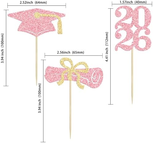 Ephlyn 24Pcs Graduation Cupcake Toppers Glitter Graduation 2026 Diploma Grad Cap Cake Topper Decorations for 2026 Grad Theme Party Cake Decoration Supplies Pink Gold