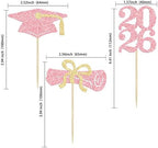 Ephlyn 24Pcs Graduation Cupcake Toppers Glitter Graduation 2026 Diploma Grad Cap Cake Topper Decorations for 2026 Grad Theme Party Cake Decoration Supplies Pink Gold