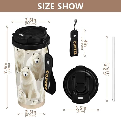 17 oz Insulated Coffee Mug Samoyed Dog White with Straw and Leak Proof Lid Double Wall Water Bottle Stainless Steel Vacuum Thermal Travel Drinking Cup for Hot/Cold Drink